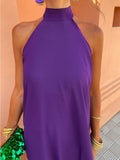 Contrast Patchwork Hem Halter Lace Up Dress Women Sleeveless Off Shoulder Loose Long Robe 2024 Summer Lady Chic