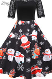 Women's Christmas Dress Short Sleeve Lace Santa Claus Print High Waist Elegant Vintage Winter Xmas Party