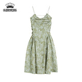 Green Straps Dress Vintage Broken Flowers Folds Sleeveless Casual Fashion High Waist Sexy Long Skirt Ladies