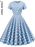 Blue Button 50s Vintage Rockabilly Swing Dress 60s Short Sleeve Robe De Cocktail Party Women Polka Dot Casual Pinup
