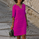 Cotton Linen Small V-neck Stitching Retro Basic Model Solid Color Three-quarter Sleeve