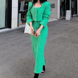 Autumn Winter Korean Women Skirt Two-piece Tweed Blazer + Long Skirt Set Elegant Two-piece Set Mid Length Skirt Suits