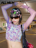 Y2K Fashion Cute Tie Dye Print Open Shoulder Crop Tops E-girl Aesthetics Harajuku O-neck Mesh Long Sleeve T-shirts