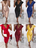 new style OL temperament V-neck slim waist pleated ruffled hip dress