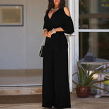 Hollow Off Shoulder Romper Women V Neck Half Sleeve Solid Romper Overall Fashion High Waisted Belt Wide Leg Pants