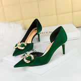 Zingj Banquet High Heels Fine Heel Shallow Mouth Tip Side Hollow Out And Thick Suede Water Diamond Button Bow Single
