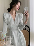 V-neck Long Sleeves Midi Dresses for Women 2023 Autumn New Elegant Party Fashion Slim Vintage Casual Blue Female