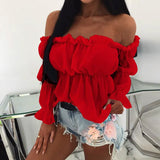 Tops and Blouses Sexy Solid Color Off Shoulder Ruff Sleeve Long Sleeve Ruffled Women Blouse Women