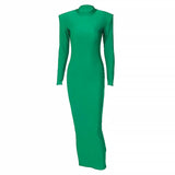 Shoulder Padded Long Sleeve Bodycon Green Party Club Maxi Long Dress 2022 Spring Autumn Women Fashion Elegant