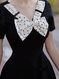 Vintage 50s Office Robe Femme Rockabilly Dress Black Hepburn Elegant V Neck Bow Big Swing Polka Dot Patchwork Pinup