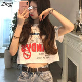 Sleeve T-shirts Women Crop Top Cartoon Printed Loose Slender All-match Street Wear Korean Girls New Fashion Casual