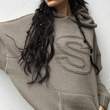 Letter Jacquard Hooded Baggy Knit SweaterOutfit