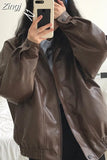 Spring Autumn Oversized Retro Black Brown Leather Jacket Women Zipper Long Sleeve Loose Casual Cool Korean Clothes