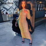 Women Fashion Autumn Long Sleeve Gradient See Through Bodycon Printed Green Long Dress 2021 Fall Clothes Wholesale