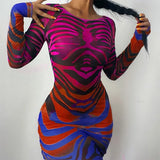 Women Autumn Long Sleeve Printed Mesh See Through Bodycon Dress 2021 Fall Female Clothing Streetwear Wholesale
