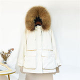 Winter Jacket Women Large Natural Fox Fur White Duck Down Coat Thick Parkas Warm Sash Tie Up Zipper Down Snow