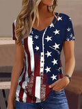 Retro American Flag Rag 3D Printing Ms. High Street Fashion Loose Net Eye Breathable V-Neck Short-Sleeved