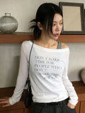 Autumn Letter Print Thin Perspective T-Shirt Hottie Fashion Slanted Shoulder Long-Sleeved