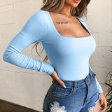 Long Sleeve Knitted Skinny Bodysuit Women Winter Autumn 2021 Solid Square Collar White Black Casual Body Top