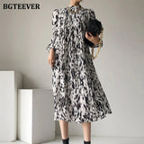 2021 Spring New Stand Collar Women Full Sleeve Dress Elegant Hit Color Female Lace-up Printed Midi Dress