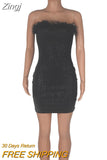 Sexy Feather Details Shine Velvet Skinny Mini Dress Fashion Women Strapless Birthday Clubwear Bodycon
