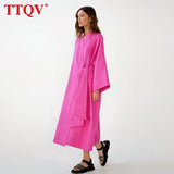 Elegant Pink Midi Dress Lady Fashion Chic Lace-up Long Sleeve Casual Dress Vintage Loose Classic Dresses For Women