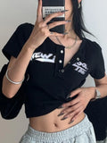 Retro Graffiti Print Elastic T Shirt Women Sexy Slim Crop Top Black Short Sleeve O-neck Tops Grunge Tee Tops