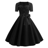 Spring Solid Color Party Flare Women Dress With Button Retro Robe De Cocktail Summer 50s 60s Tunic Swing Rockabilly