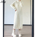 Long Sweater Dress Women Turtleneck 2022 Autumn Winter Casual Solid Zipper Stripe Thick Warm Long Sleeve Dress