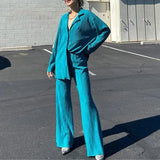 Women's Shirt Pleated Two Piece Set Loose High Waist Wide Leg Pants Suit 2022 Casual Elegant Office Ladies Female