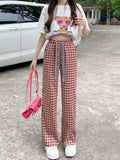 Streetwear Women Black and Pink Plaid Pants Harajuku Loose Pockets Wide Leg Pants Retro Lace Up Student Straight
