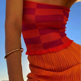 2022 Plaid Print Sexy Tank Top Women Summer Sleeveless Ruffles Off Shoulder Green Knitted Y2k Crop Tops Casual