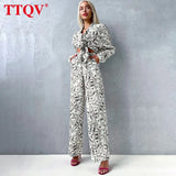Fashion Loose Print 2 Piece Sets Womens Outfits Casual Lapel Long Sleeve Shirts And High Waisted Trousers Sets