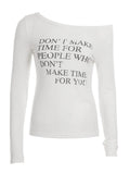 Autumn Letter Print Thin Perspective T-Shirt Hottie Fashion Slanted Shoulder Long-Sleeved