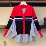 spring and autumn new loose shirt stitching irregular knitted sweater striped denim sweater jacket