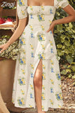 Floral Print Summer Dress Women Puff Sleeve Square Collar Elegant Split Sexy Cotton Long Party Dress Casual Boho Beach