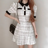 Women Temperament Dress Lapel Contrast Color Three Buttons Slim Puff Sleeve A Line Skirts Spring Retro Commute