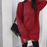 Loose Solid Long Slevee Women's Split Dress 2021 Autumn Winter Fashion Turtleneck Elegant Lady Mid-length Dress Plus