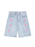 High Waist Knee Length Heart Print Denim Shorts Streetwear Y2K Harajuku Short Pants Female 2022 Summer Baggy Jean