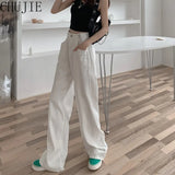 White Loose High Waist Wide Leg Pants Women's Jeans New Pockets Full Length Long Mopping Pants Female Casual Vaqueros