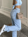 Blue Wash Straight Leg Knee Ripped Jeans- Outfit