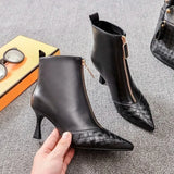 Women High Heeled Short Boots 2023 NEW Weaved Pointed toe Winter Shoes,Ankle Botas,Front Zip BLACK sapatos