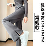 Zingj Wide Leg Pants Female Gray Autumn Splicing Loose Small High Waist Hanging Feeling Straight Tube Casual Sports Pants-Outfit