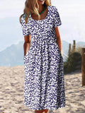 Women Loose Pleated Long Dress Elegant Female Party Pocket Office Dress Streetwear 2022 Summer Printed Pullover