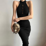 Women's Clothing 2022 Summer Off Shoulder Hollow Out Bodycon Mid-calf Office Dress Elegant Female Solid O-neck Vest Dresses