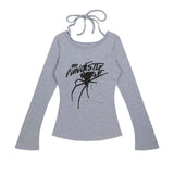 Aesthetic Spider Print Women Long Sleeve T-shirt O Neck Bandage Vintage Solid Slim Fit Tshirts Harajuku Sexy Tee Shirt