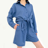 Women Linen Shorts 2 Piece Set Casual Oversize Shirts And Wide Leg Shorts Suits Loungewear Solid Summer Loose