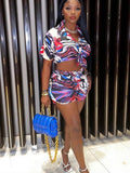 Printed Short Sleeve Bandage Tops and High Waist Biker Shorts Two Piece Set Women Summer 2023 Sexy Streetwear