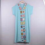Queens Women Colorful Embroidery Short Sleeve Beach Sexy Loose Bohemian Maxi Dress Ladies V-neck Boho Sundress