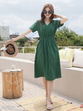 Korean Linen Midi Party Dress Summer V Neck Short Sleeve Elegant Pink Casual Women'S Dresses Clothing